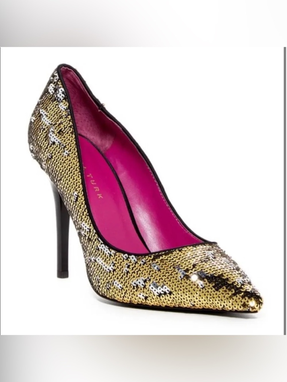 Trina Turk Gold Sequin Pointed Toe High Heel Pump with Pink Interior